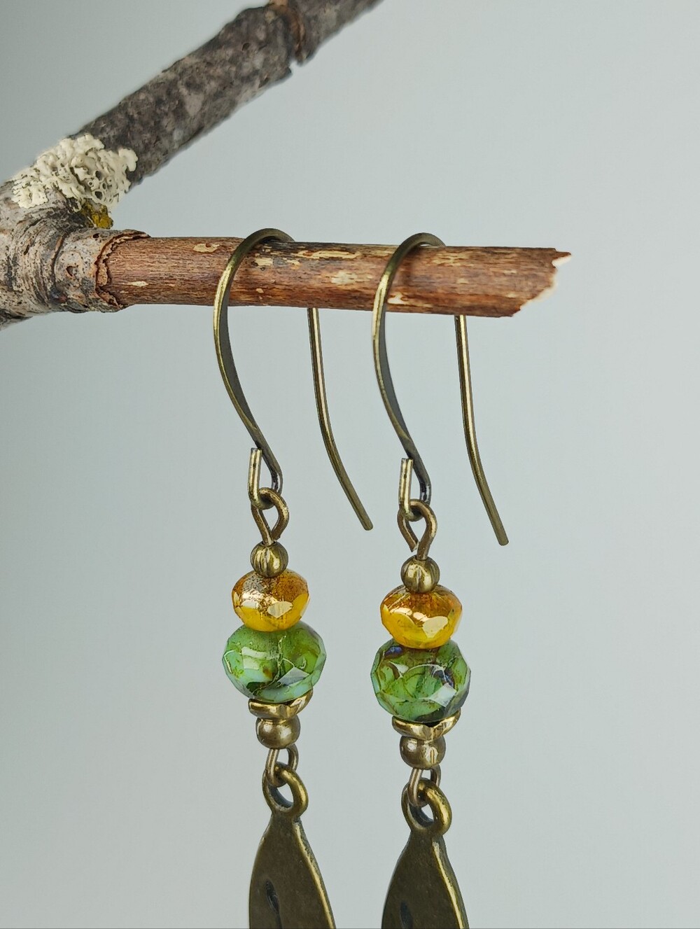 Botanical Brass Earrings Green Czech Glass Wildflower Artisan Hand Crafted - Picture 5 of 7
